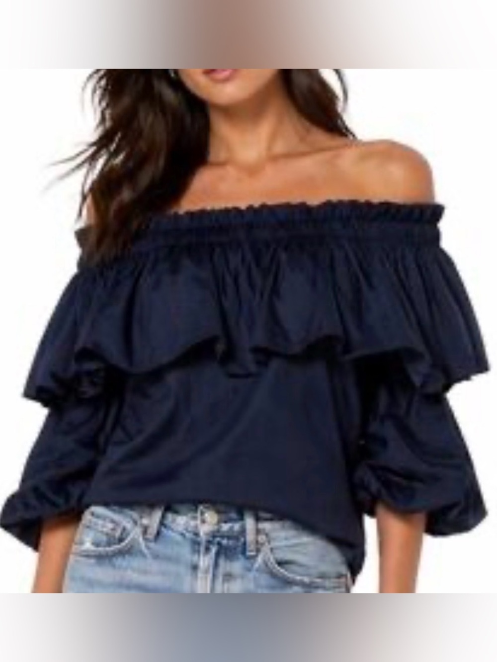 Alexis Barbie Off-The-Shoulder Ruffle Top Balloon Sleeve Navy Blue - Size S